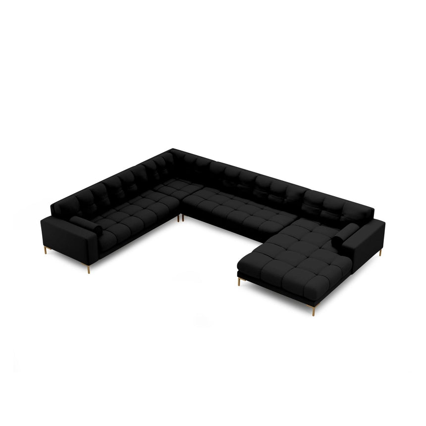 Bali 7-Sitzer Panorama Ecksofa, Linke Seite, aus Strukturierter Stoff in Schwarz (Neve 100), Beine aus Goldmetall, 327x256x75 cm von Cosmopolitan Design – Bild 1