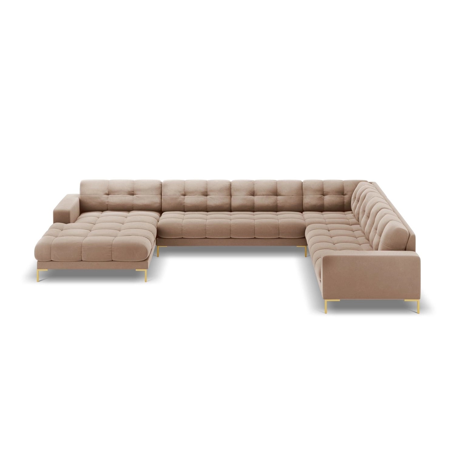 Bali 7-Sitzer Panorama Ecksofa, Rechte Seite, aus Samt in Beige (Bluvel 28), Beine aus Goldmetall, 327x256x75 cm von Cosmopolitan Design – Bild 3