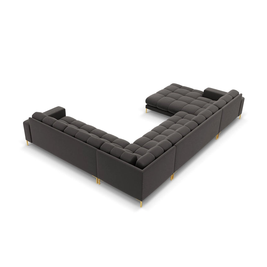 Bali 7-Sitzer Panorama Ecksofa, Rechte Seite, aus Samt in Dunkelgrau (Bluvel 18), Beine aus Goldmetall, 327x256x75 cm von Cosmopolitan Design – Bild 4
