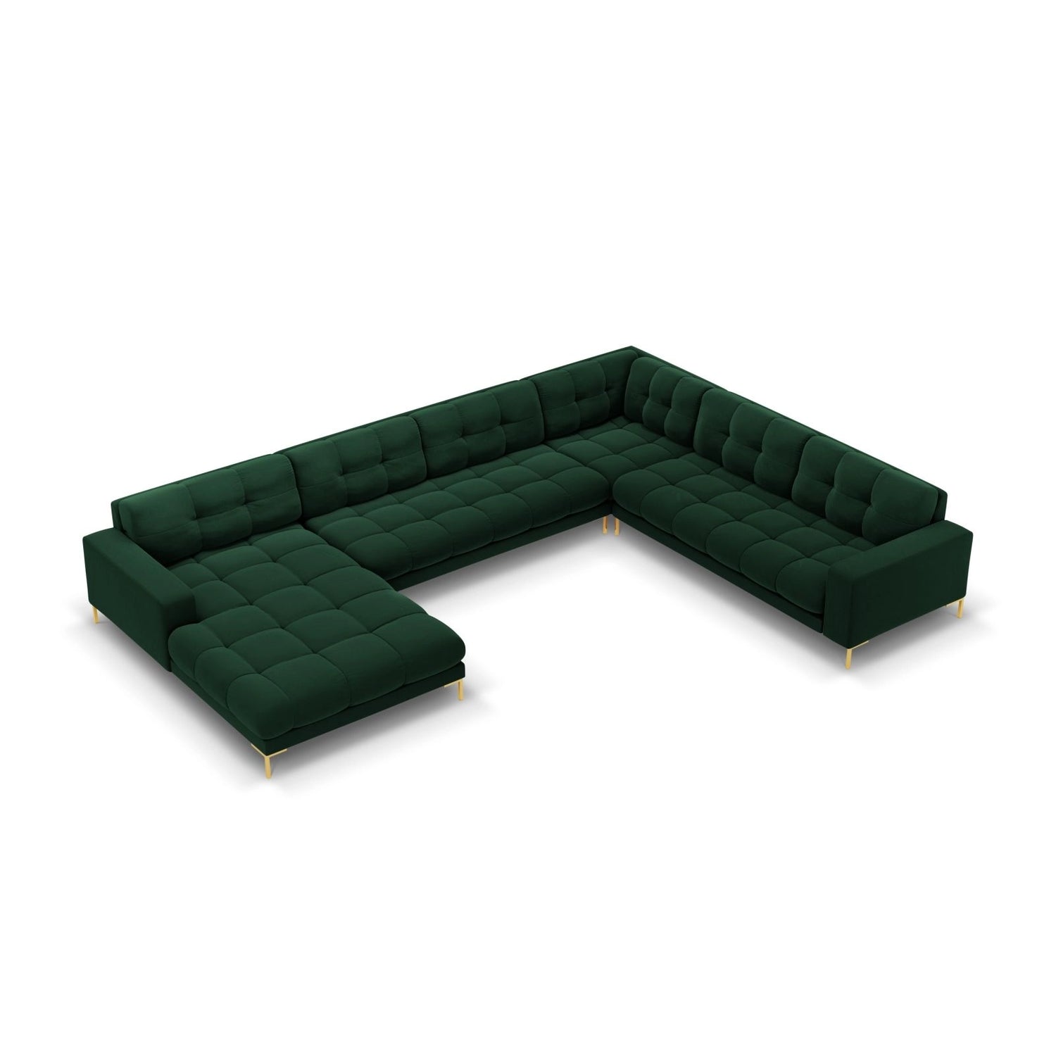 Bali 7-Sitzer Panorama Ecksofa, Rechte Seite, aus Samt in Flaschengrün (Bluvel 78), Beine aus Goldmetall, 327x256x75 cm von Cosmopolitan Design – Bild 1