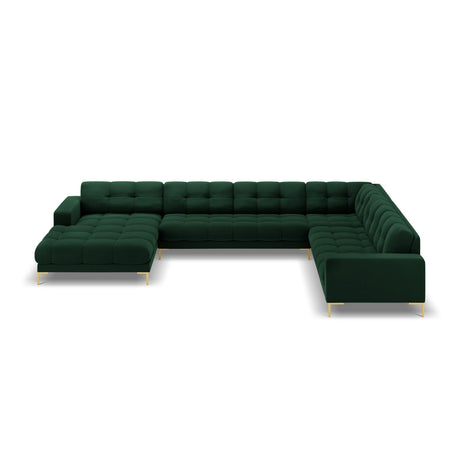 Bali 7-Sitzer Panorama Ecksofa, Rechte Seite, aus Samt in Flaschengrün (Bluvel 78), Beine aus Goldmetall, 327x256x75 cm von Cosmopolitan Design – Bild 3