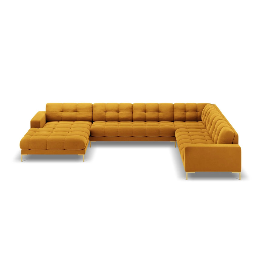 Bali 7-Sitzer Panorama Ecksofa, Rechte Seite, aus Samt in Gelb (Bluvel 68), Beine aus Goldmetall, 327x256x75 cm von Cosmopolitan Design – Bild 3