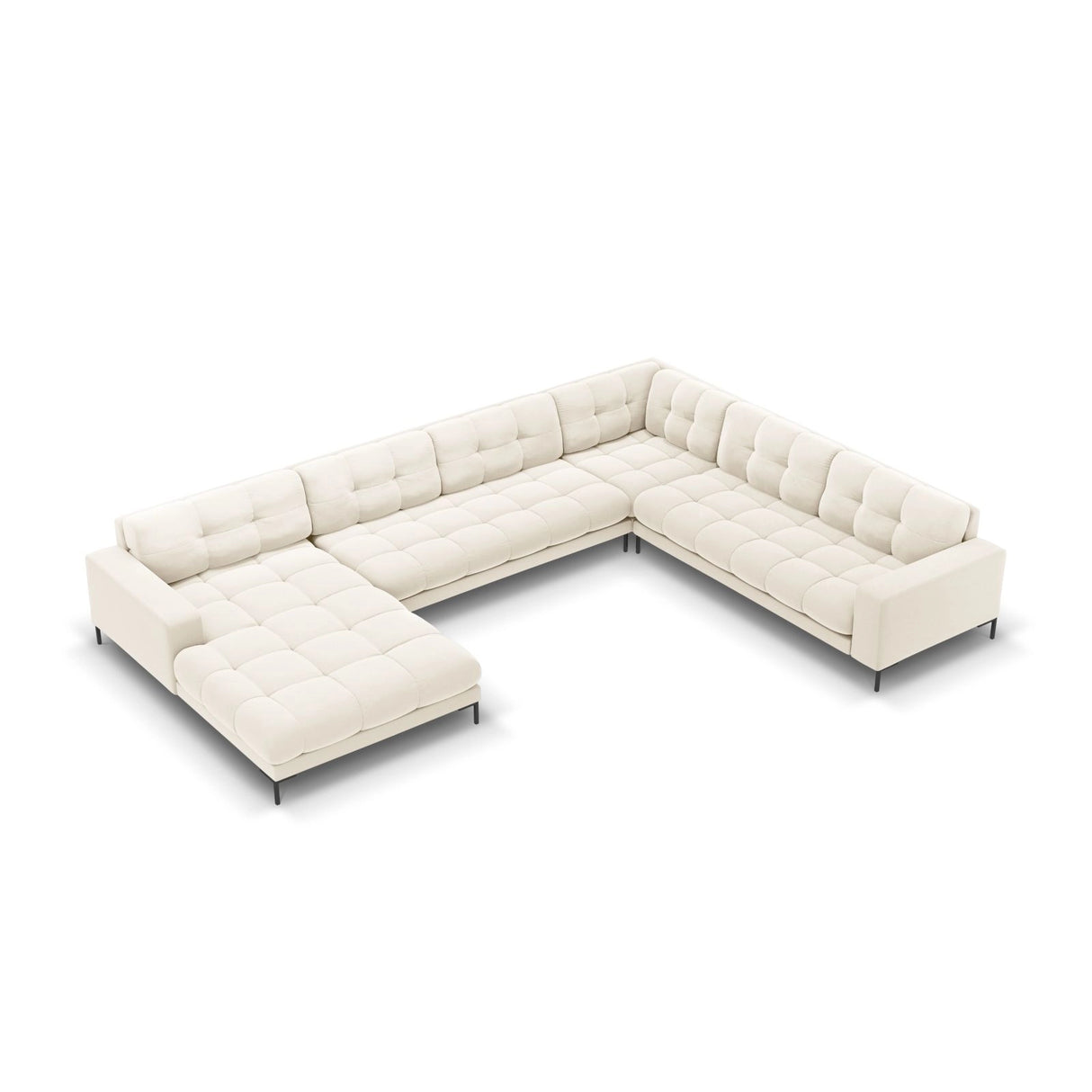 Bali 7-Sitzer Panorama Ecksofa, Rechte Seite, aus Samt in Hellbeige (Bluvel 22), Beine aus Schwarzes Metall, 327x256x75 cm von Cosmopolitan Design – Bild 1