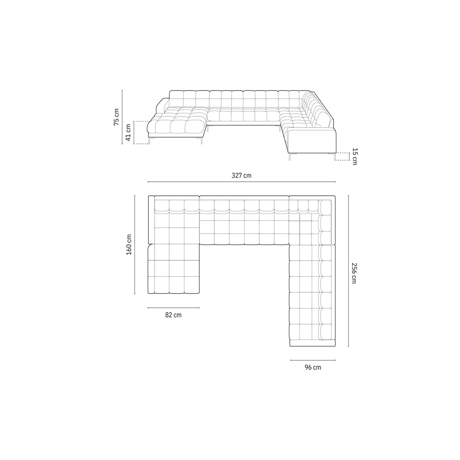 Bali 7-Sitzer Panorama Ecksofa, Rechte Seite, aus Samt in Hellbeige (Bluvel 22), Beine aus Schwarzes Metall, 327x256x75 cm von Cosmopolitan Design – Bild 2