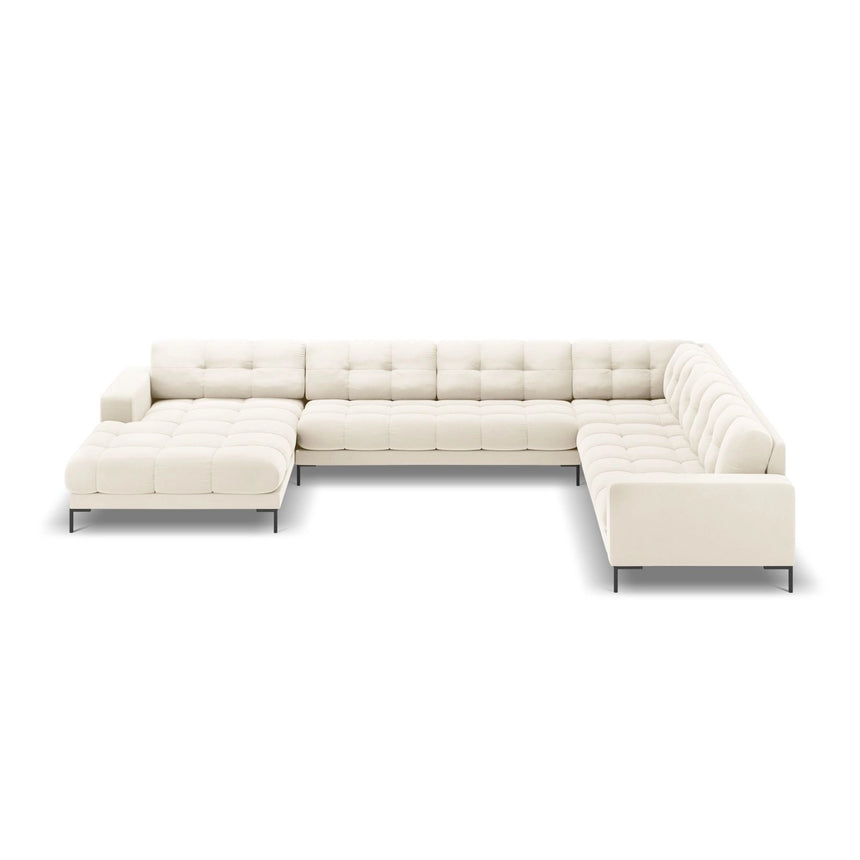 Bali 7-Sitzer Panorama Ecksofa, Rechte Seite, aus Samt in Hellbeige (Bluvel 22), Beine aus Schwarzes Metall, 327x256x75 cm von Cosmopolitan Design – Bild 3
