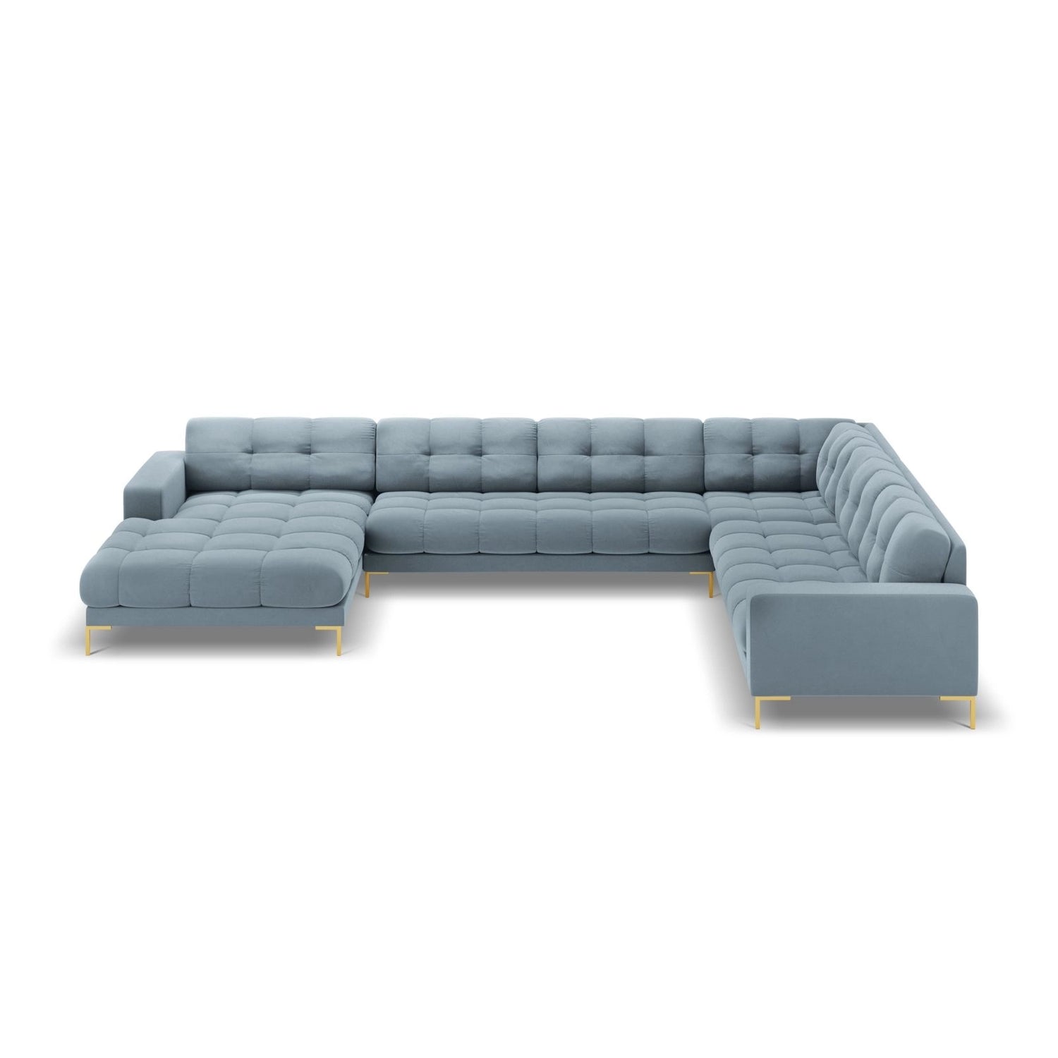 Bali 7-Sitzer Panorama Ecksofa, Rechte Seite, aus Samt in Hellblau (Bluvel 06), Beine aus Goldmetall, 327x256x75 cm von Cosmopolitan Design – Bild 3