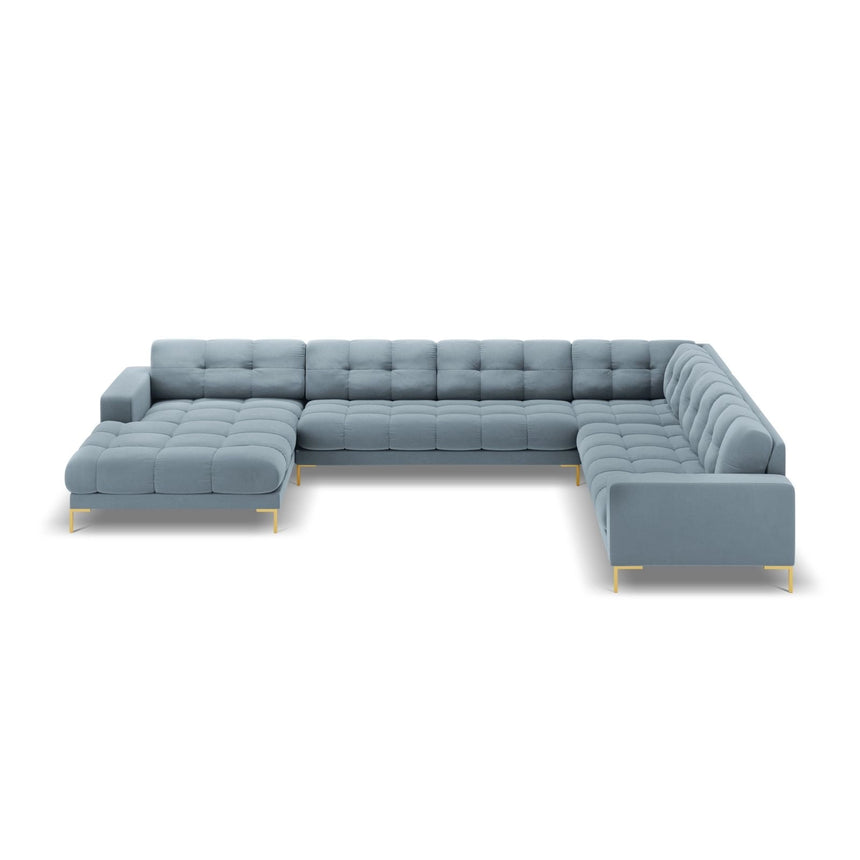 Bali 7-Sitzer Panorama Ecksofa, Rechte Seite, aus Samt in Hellblau (Bluvel 06), Beine aus Goldmetall, 327x256x75 cm von Cosmopolitan Design – Bild 3