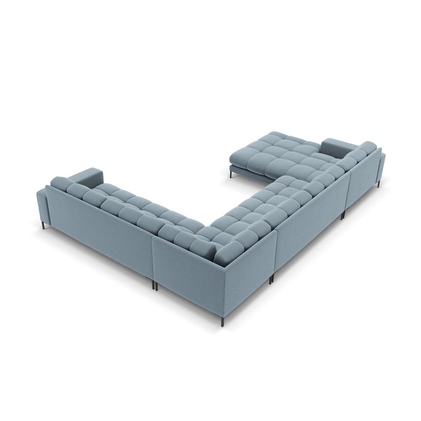 Bali 7-Sitzer Panorama Ecksofa, Rechte Seite, aus Samt in Hellblau (Bluvel 06), Beine aus Schwarzes Metall, 327x256x75 cm von Cosmopolitan Design – Bild 4