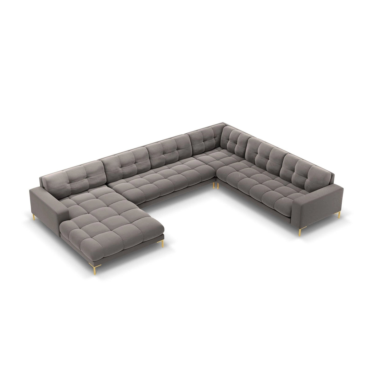 Bali 7-Sitzer Panorama Ecksofa, Rechte Seite, aus Samt in Hellgrau (Bluvel 13), Beine aus Goldmetall, 327x256x75 cm von Cosmopolitan Design – Bild 1