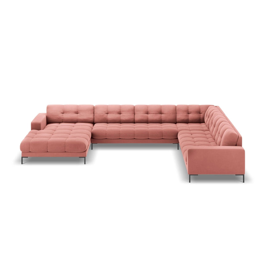 Bali 7-Sitzer Panorama Ecksofa, Rechte Seite, aus Samt in Rosa (Bluvel 52), Beine aus Schwarzes Metall, 327x256x75 cm von Cosmopolitan Design – Bild 3