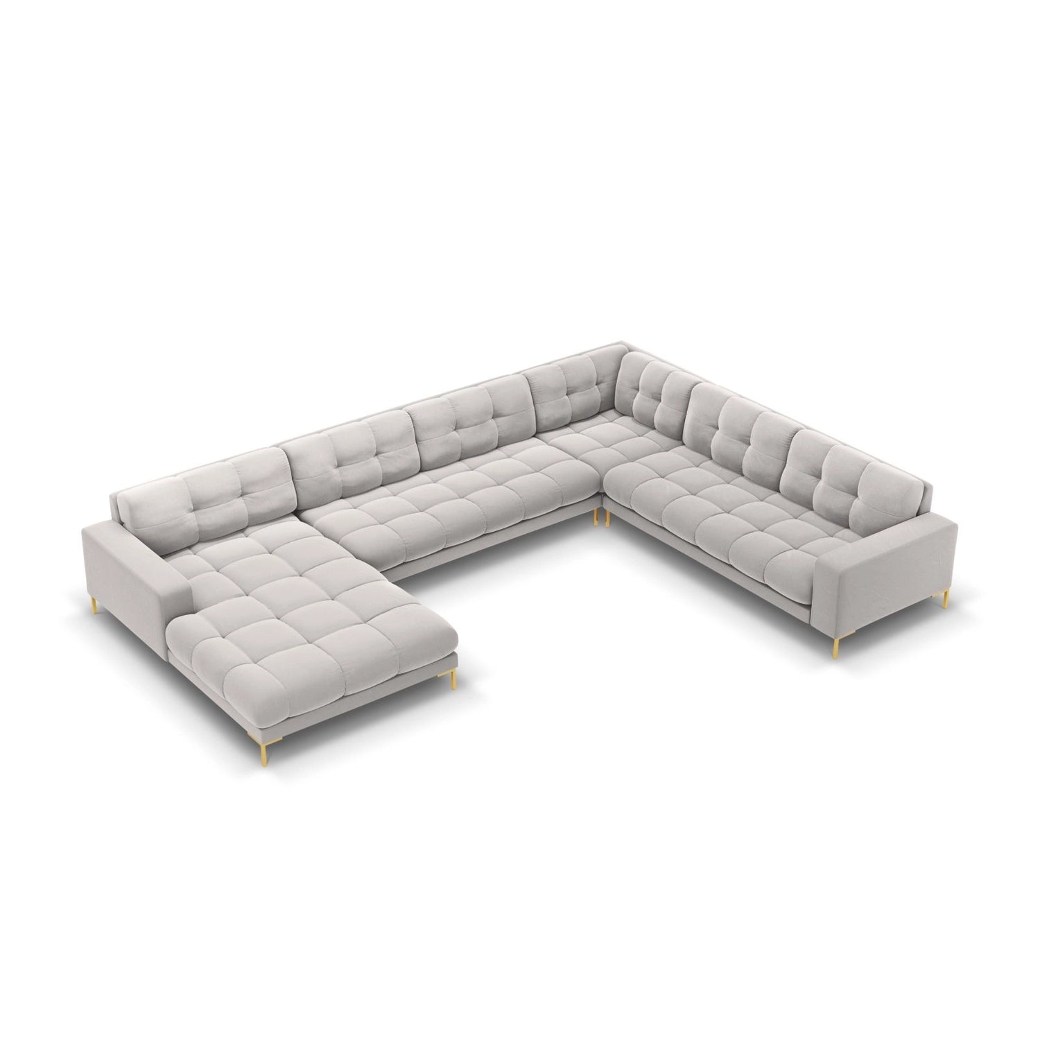 Bali 7-Sitzer Panorama Ecksofa, Rechte Seite, aus Samt in Silber (Bluvel 03), Beine aus Goldmetall, 327x256x75 cm von Cosmopolitan Design – Bild 1