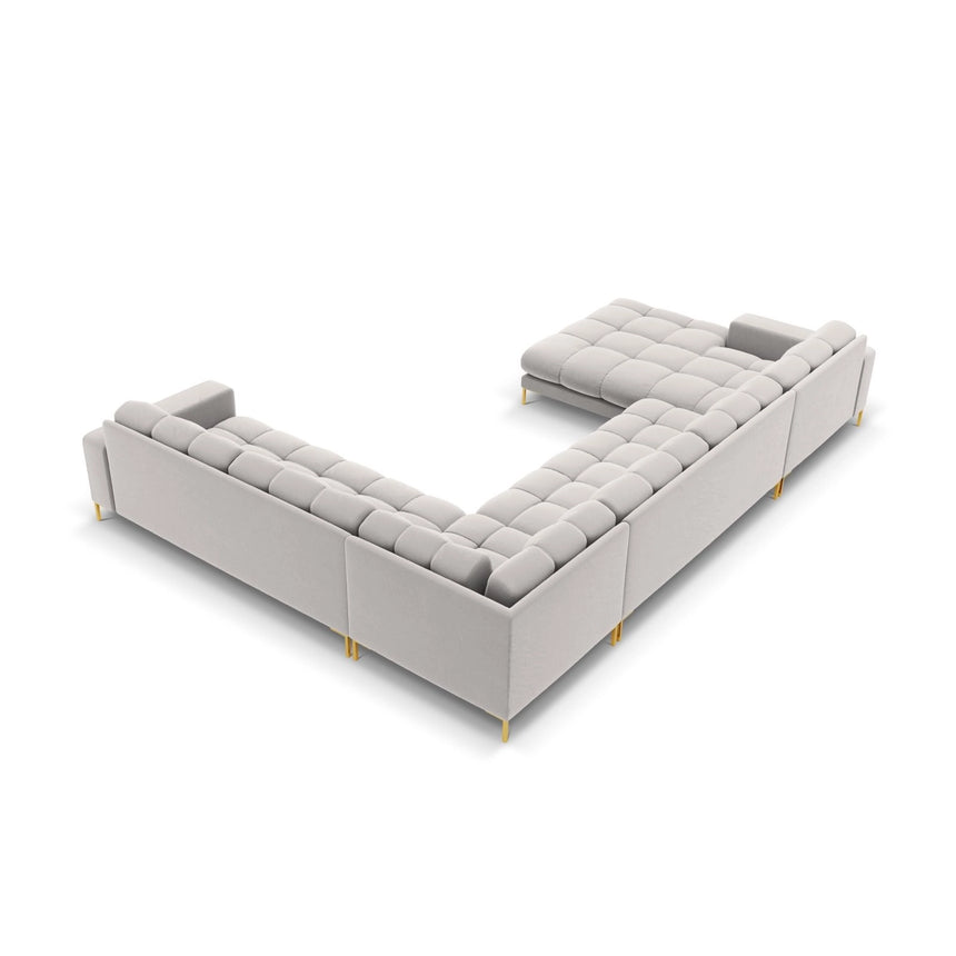 Bali 7-Sitzer Panorama Ecksofa, Rechte Seite, aus Samt in Silber (Bluvel 03), Beine aus Goldmetall, 327x256x75 cm von Cosmopolitan Design – Bild 4