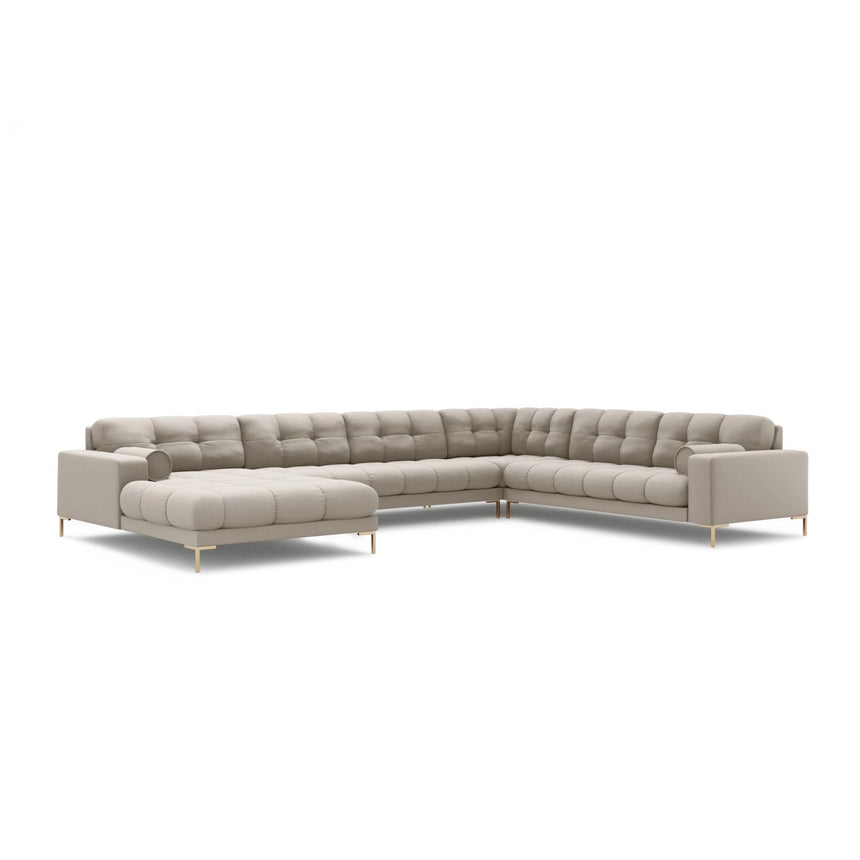 Bali 7-Sitzer Panorama Ecksofa, Rechte Seite, aus Strukturierter Stoff in Beige (Neve 04), Beine aus Goldmetall, 327x256x75 cm von Cosmopolitan Design – Bild 4