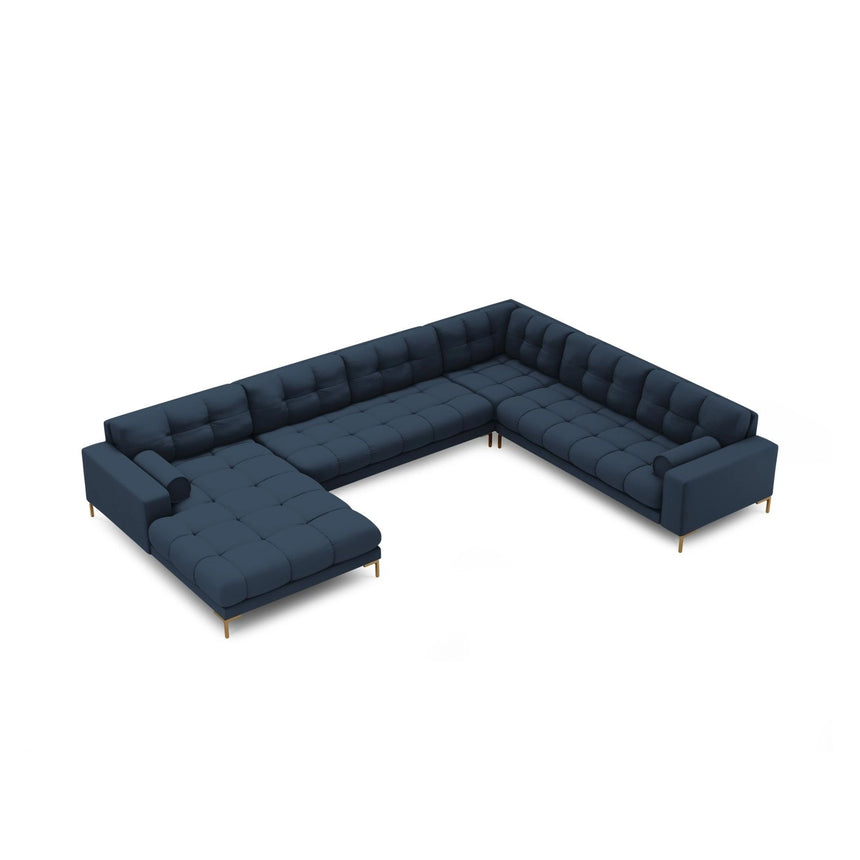 Bali 7-Sitzer Panorama Ecksofa, Rechte Seite, aus Strukturierter Stoff in Blau (Neve 77), Beine aus Goldmetall, 327x256x75 cm von Cosmopolitan Design – Bild 1