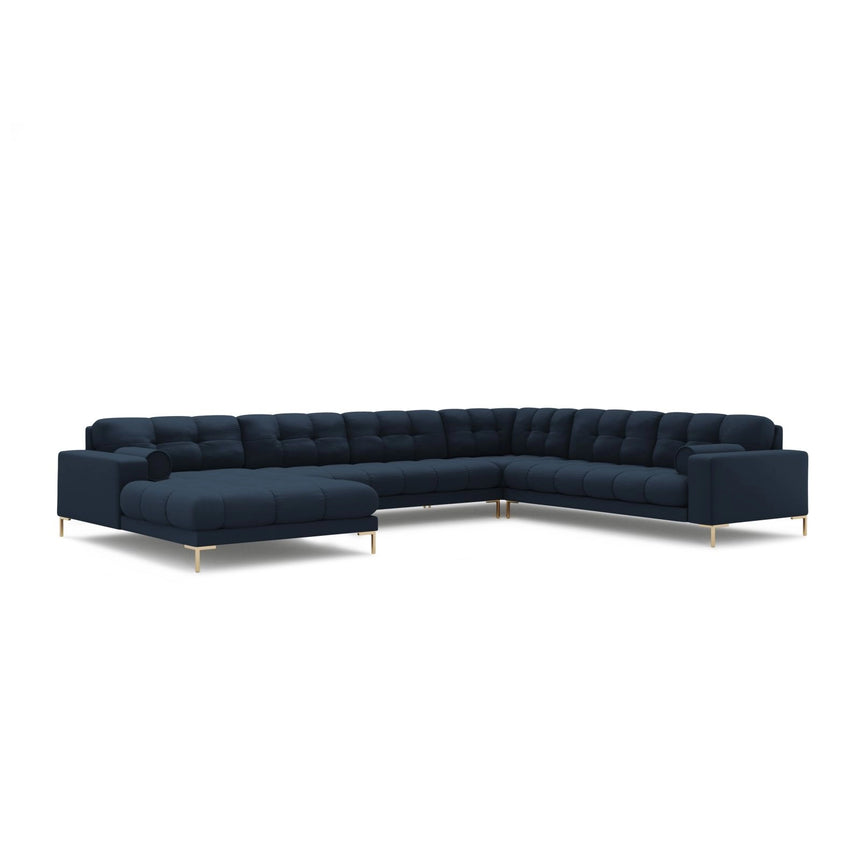 Bali 7-Sitzer Panorama Ecksofa, Rechte Seite, aus Strukturierter Stoff in Blau (Neve 77), Beine aus Goldmetall, 327x256x75 cm von Cosmopolitan Design – Bild 4