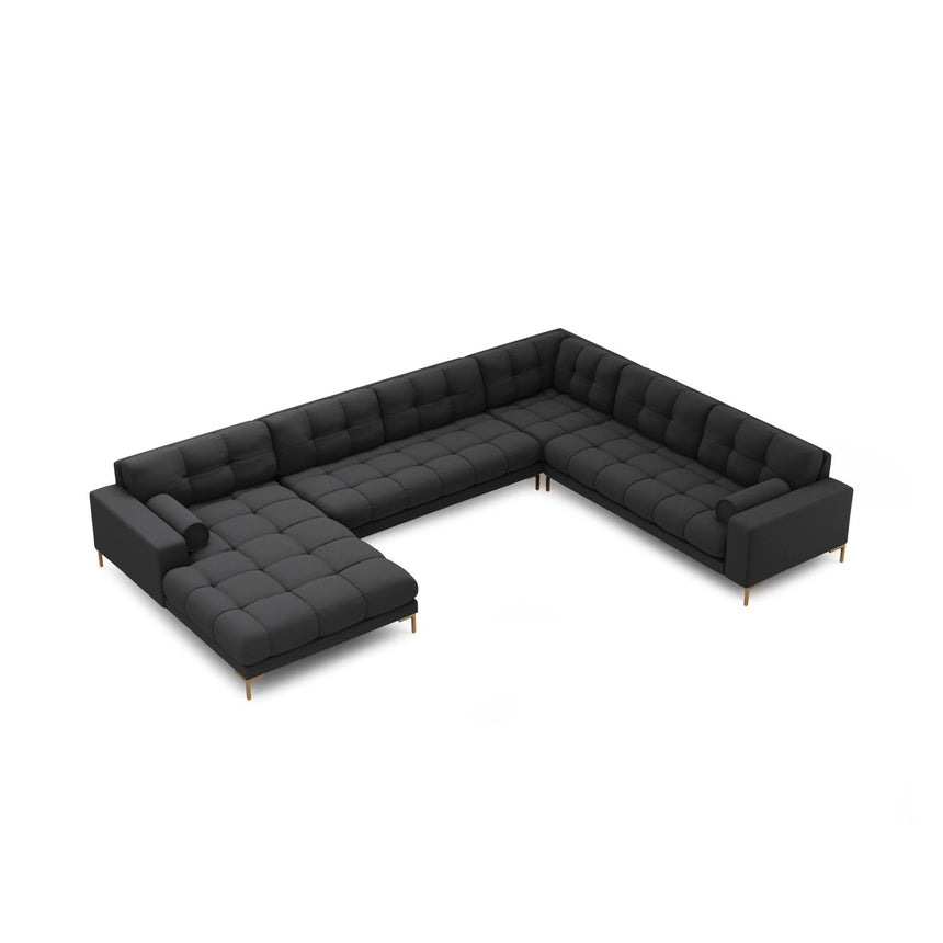 Bali 7-Sitzer Panorama Ecksofa, Rechte Seite, aus Strukturierter Stoff in Dunkelgrau (Neve 97), Beine aus Goldmetall, 327x256x75 cm von Cosmopolitan Design – Bild 1