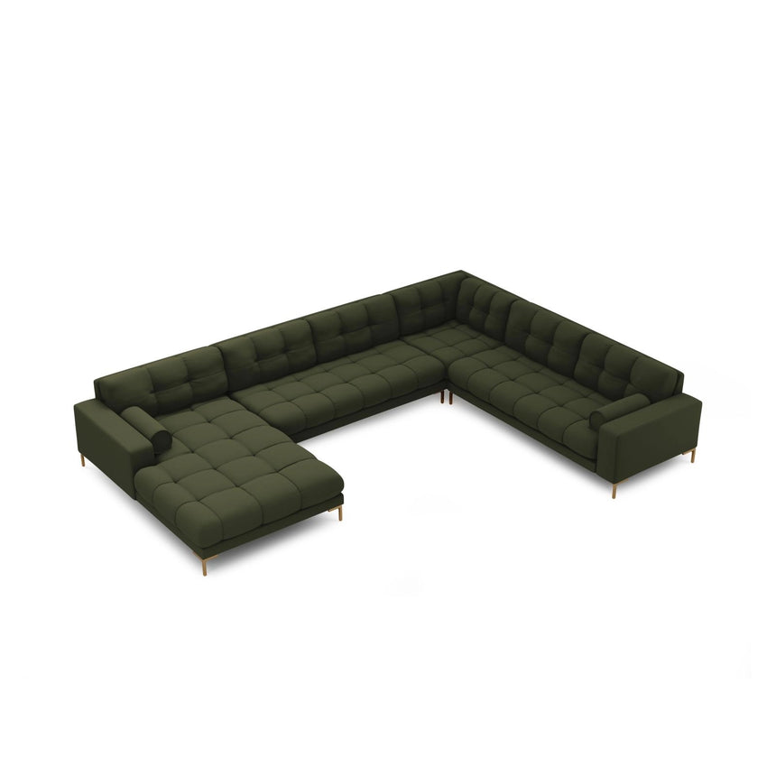 Bali 7-Sitzer Panorama Ecksofa, Rechte Seite, aus Strukturierter Stoff in Grün (Neve 39), Beine aus Goldmetall, 327x256x75 cm von Cosmopolitan Design – Bild 1