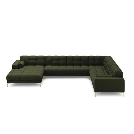 Bali 7-Sitzer Panorama Ecksofa, Rechte Seite, aus Strukturierter Stoff in Grün (Neve 39), Beine aus Goldmetall, 327x256x75 cm von Cosmopolitan Design – Bild 3