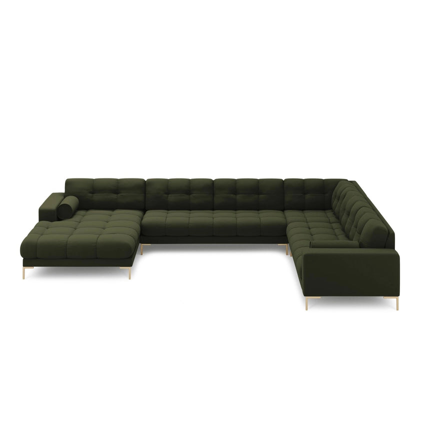 Bali 7-Sitzer Panorama Ecksofa, Rechte Seite, aus Strukturierter Stoff in Grün (Neve 39), Beine aus Goldmetall, 327x256x75 cm von Cosmopolitan Design – Bild 3