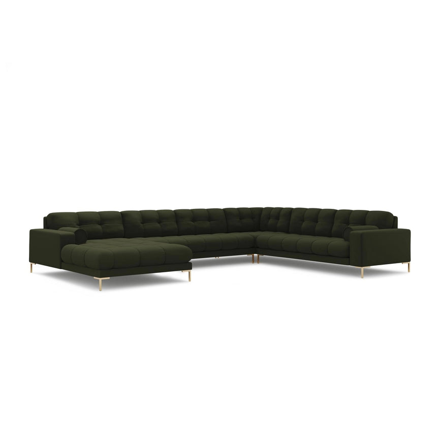 Bali 7-Sitzer Panorama Ecksofa, Rechte Seite, aus Strukturierter Stoff in Grün (Neve 39), Beine aus Goldmetall, 327x256x75 cm von Cosmopolitan Design – Bild 4