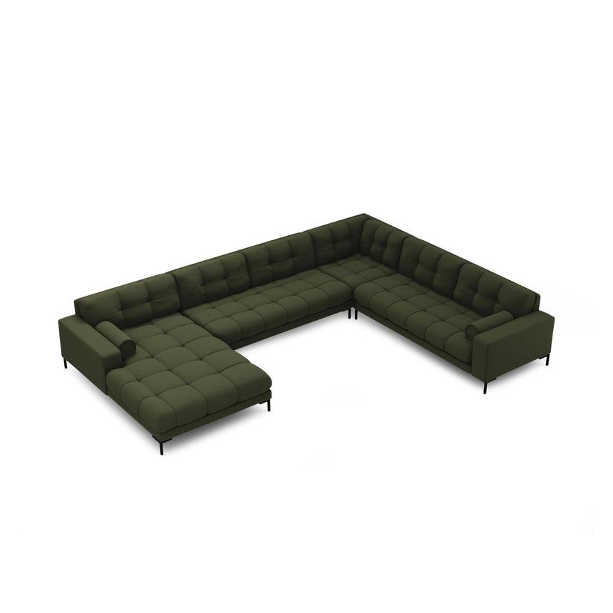 Bali 7-Sitzer Panorama Ecksofa, Rechte Seite, aus Strukturierter Stoff in Grün (Neve 39), Beine aus Schwarzes Metall, 327x256x75 cm von Cosmopolitan Design – Bild 1