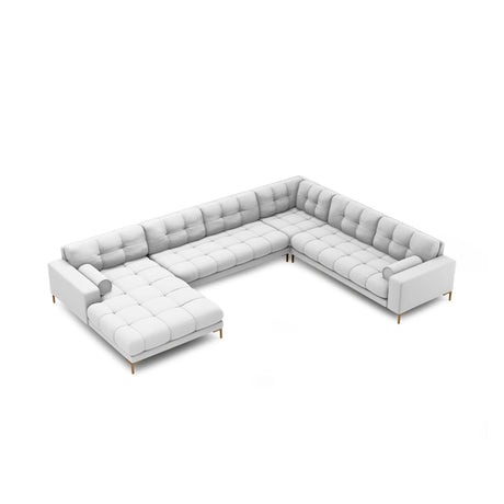 Bali 7-Sitzer Panorama Ecksofa, Rechte Seite, aus Strukturierter Stoff in Hellgrau (Neve 80), Beine aus Goldmetall, 327x256x75 cm von Cosmopolitan Design – Bild 1