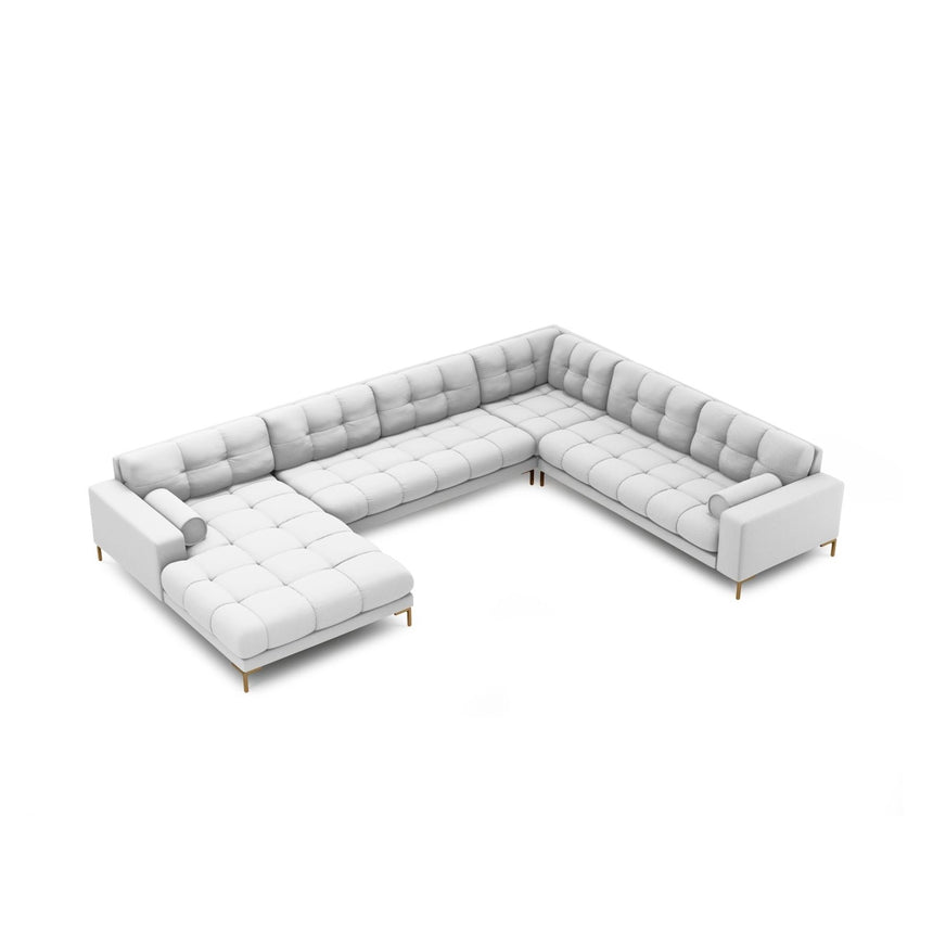 Bali 7-Sitzer Panorama Ecksofa, Rechte Seite, aus Strukturierter Stoff in Hellgrau (Neve 80), Beine aus Goldmetall, 327x256x75 cm von Cosmopolitan Design – Bild 1