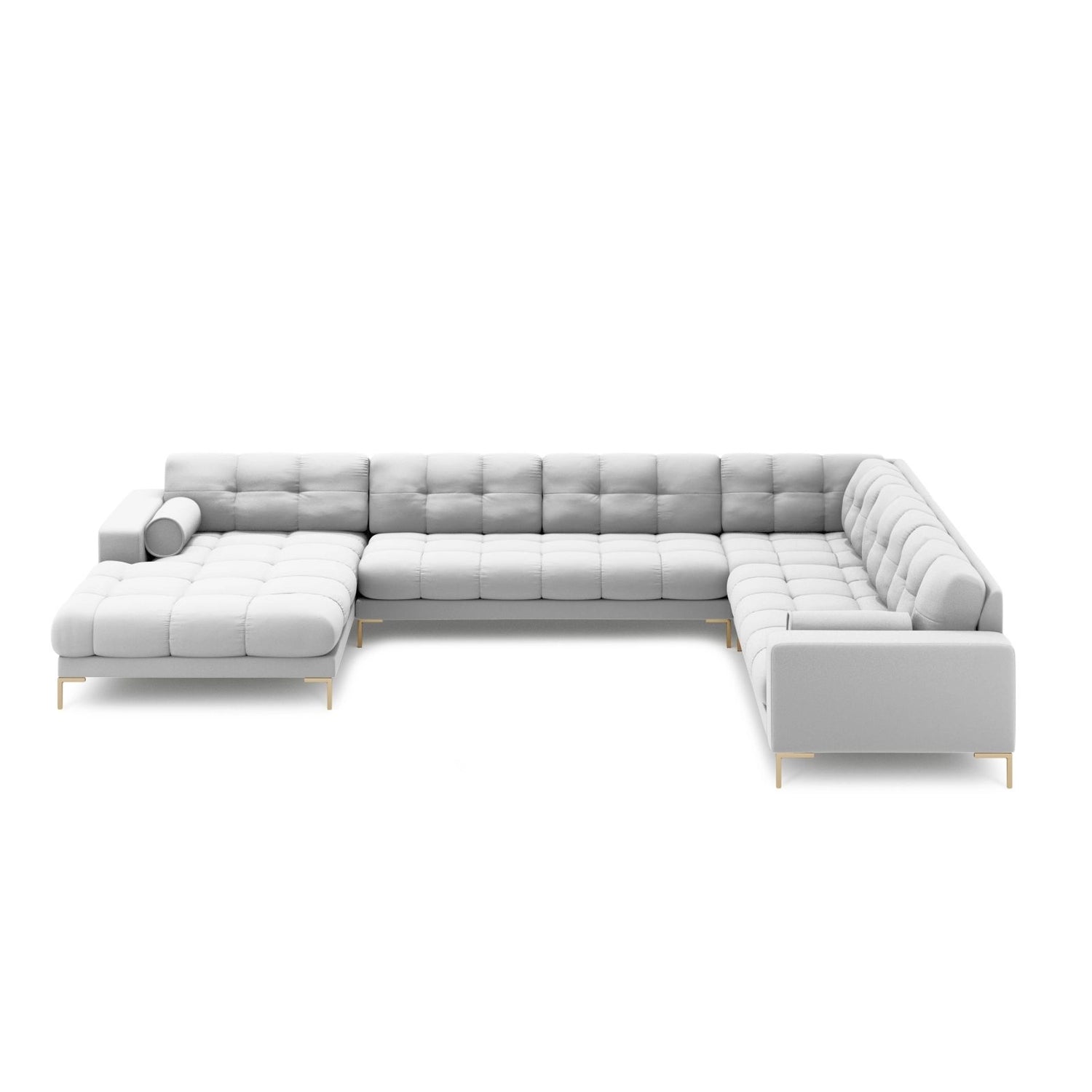 Bali 7-Sitzer Panorama Ecksofa, Rechte Seite, aus Strukturierter Stoff in Hellgrau (Neve 80), Beine aus Goldmetall, 327x256x75 cm von Cosmopolitan Design – Bild 3