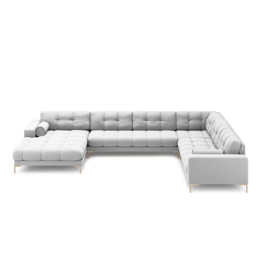 Bali 7-Sitzer Panorama Ecksofa, Rechte Seite, aus Strukturierter Stoff in Hellgrau (Neve 80), Beine aus Goldmetall, 327x256x75 cm von Cosmopolitan Design – Bild 3