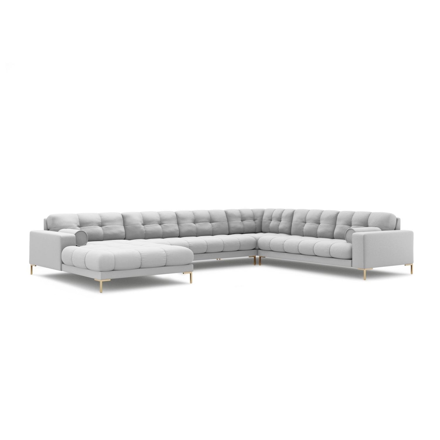 Bali 7-Sitzer Panorama Ecksofa, Rechte Seite, aus Strukturierter Stoff in Hellgrau (Neve 80), Beine aus Goldmetall, 327x256x75 cm von Cosmopolitan Design – Bild 4