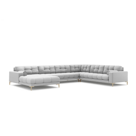 Bali 7-Sitzer Panorama Ecksofa, Rechte Seite, aus Strukturierter Stoff in Hellgrau (Neve 80), Beine aus Goldmetall, 327x256x75 cm von Cosmopolitan Design – Bild 4