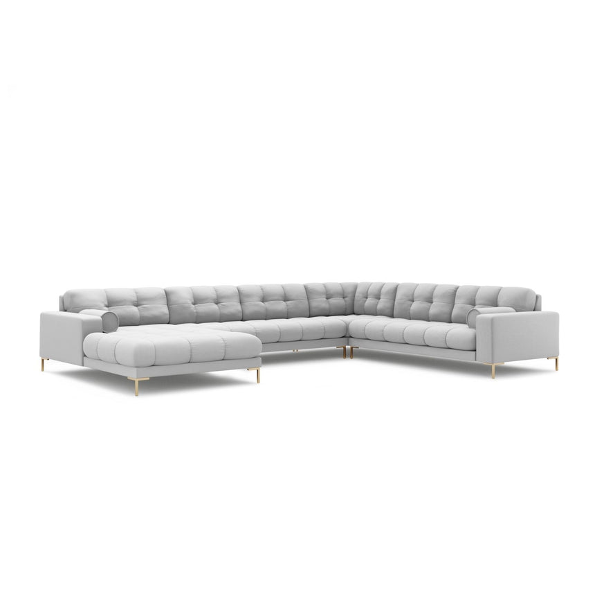 Bali 7-Sitzer Panorama Ecksofa, Rechte Seite, aus Strukturierter Stoff in Hellgrau (Neve 80), Beine aus Goldmetall, 327x256x75 cm von Cosmopolitan Design – Bild 4