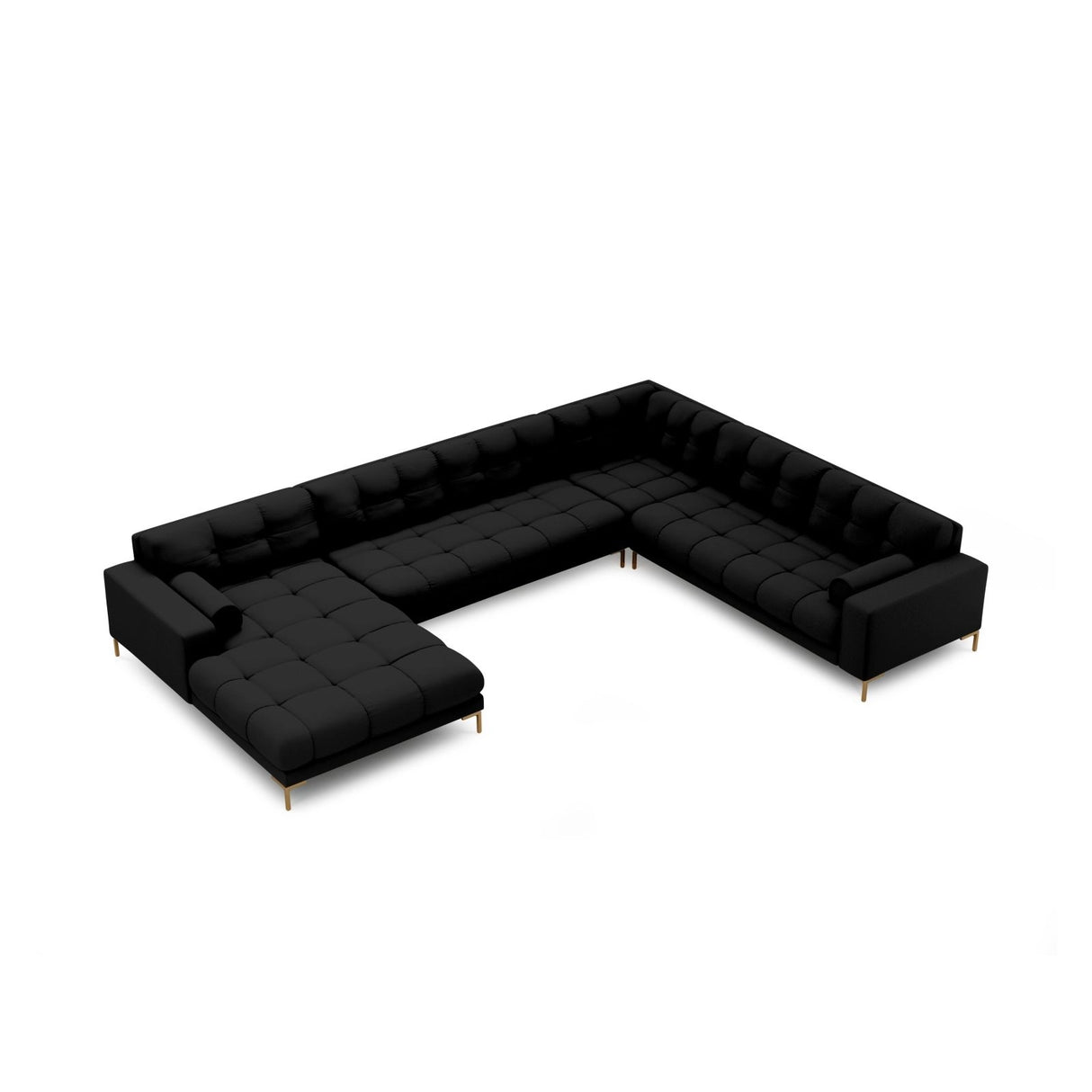 Bali 7-Sitzer Panorama Ecksofa, Rechte Seite, aus Strukturierter Stoff in Schwarz (Neve 100), Beine aus Goldmetall, 327x256x75 cm von Cosmopolitan Design – Bild 1