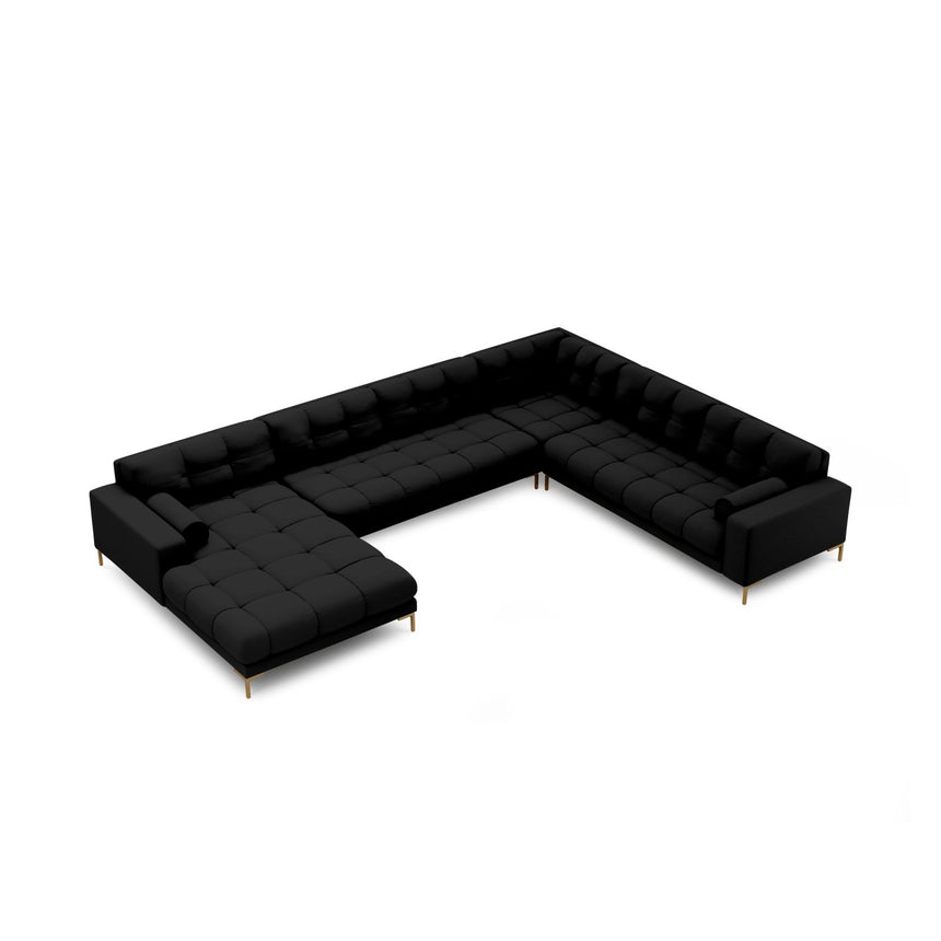 Bali 7-Sitzer Panorama Ecksofa, Rechte Seite, aus Strukturierter Stoff in Schwarz (Neve 100), Beine aus Goldmetall, 327x256x75 cm von Cosmopolitan Design – Bild 1