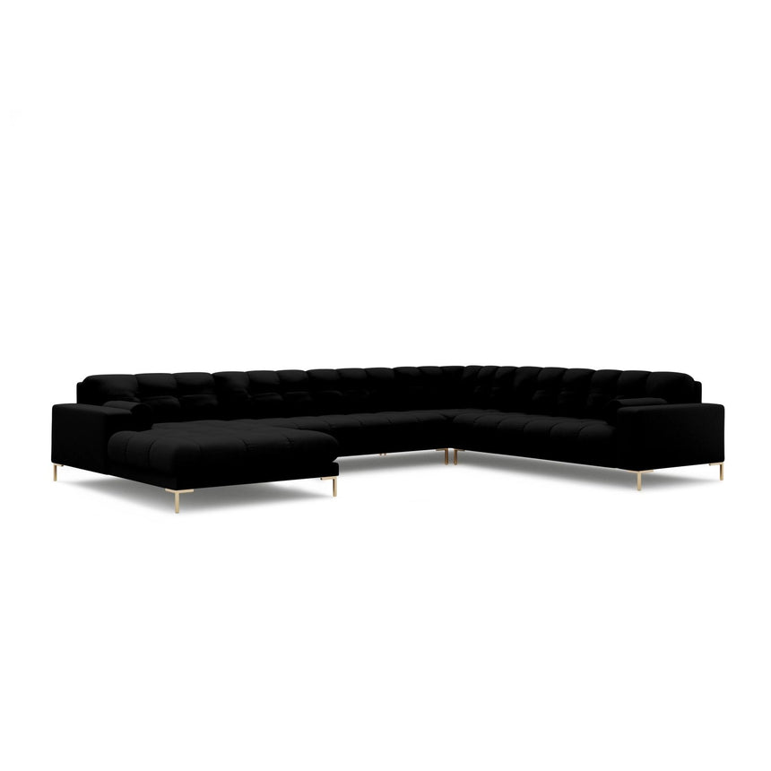 Bali 7-Sitzer Panorama Ecksofa, Rechte Seite, aus Strukturierter Stoff in Schwarz (Neve 100), Beine aus Goldmetall, 327x256x75 cm von Cosmopolitan Design – Bild 4