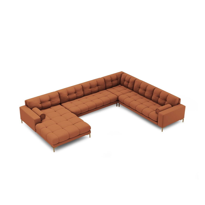 Bali 7-Sitzer Panorama Ecksofa, Rechte Seite, aus Strukturierter Stoff in Ziegelstein (Neve 52), Beine aus Goldmetall, 327x256x75 cm von Cosmopolitan Design – Bild 1