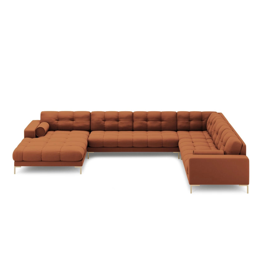 Bali 7-Sitzer Panorama Ecksofa, Rechte Seite, aus Strukturierter Stoff in Ziegelstein (Neve 52), Beine aus Goldmetall, 327x256x75 cm von Cosmopolitan Design – Bild 3