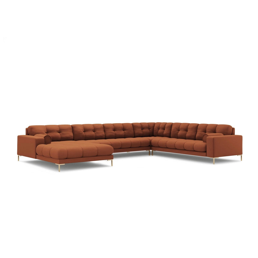 Bali 7-Sitzer Panorama Ecksofa, Rechte Seite, aus Strukturierter Stoff in Ziegelstein (Neve 52), Beine aus Goldmetall, 327x256x75 cm von Cosmopolitan Design – Bild 4