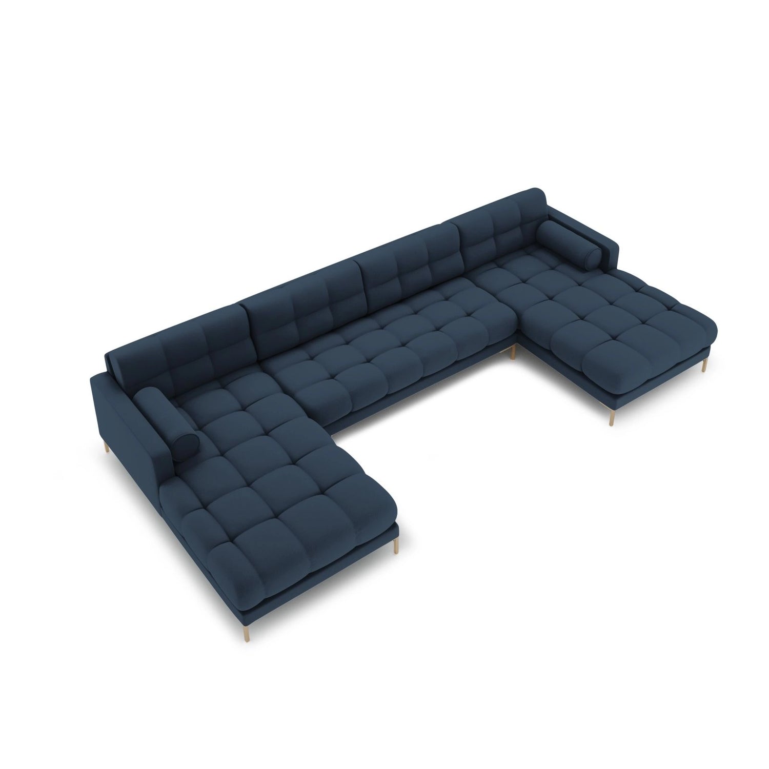 Bali 7-Sitzer Panorama Sofa aus Strukturierter Stoff in Blau (Neve 77), Beine in Goldmetall, 383x185x75 cm von Cosmopolitan Design – Bild 1