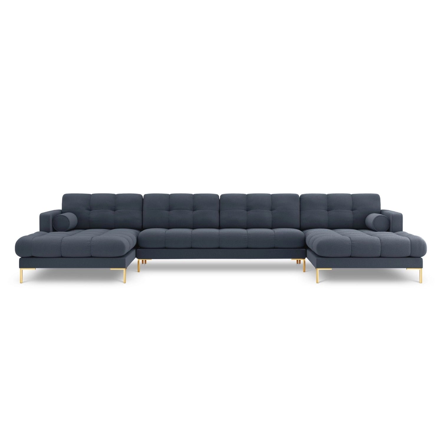 Bali 7-Sitzer Panorama Sofa aus Strukturierter Stoff in Dunkelblau (Nea 86), Beine in Goldmetall, 383x185x75 cm von Cosmopolitan Design – Bild 1