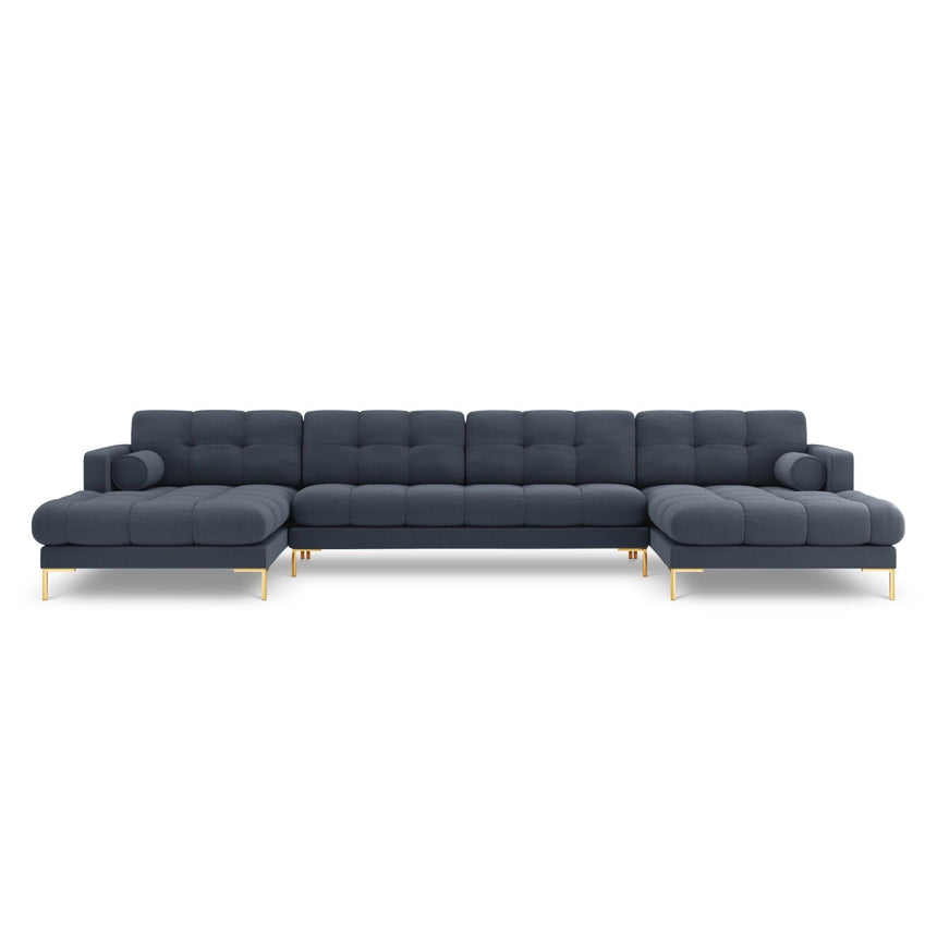 Bali 7-Sitzer Panorama Sofa aus Strukturierter Stoff in Dunkelblau (Nea 86), Beine in Goldmetall, 383x185x75 cm von Cosmopolitan Design – Bild 1