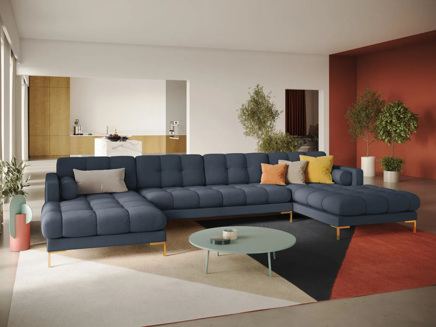 Bali 7-Sitzer Panorama Sofa aus Strukturierter Stoff in Dunkelblau (Nea 86), Beine in Goldmetall, 383x185x75 cm von Cosmopolitan Design – Bild 2