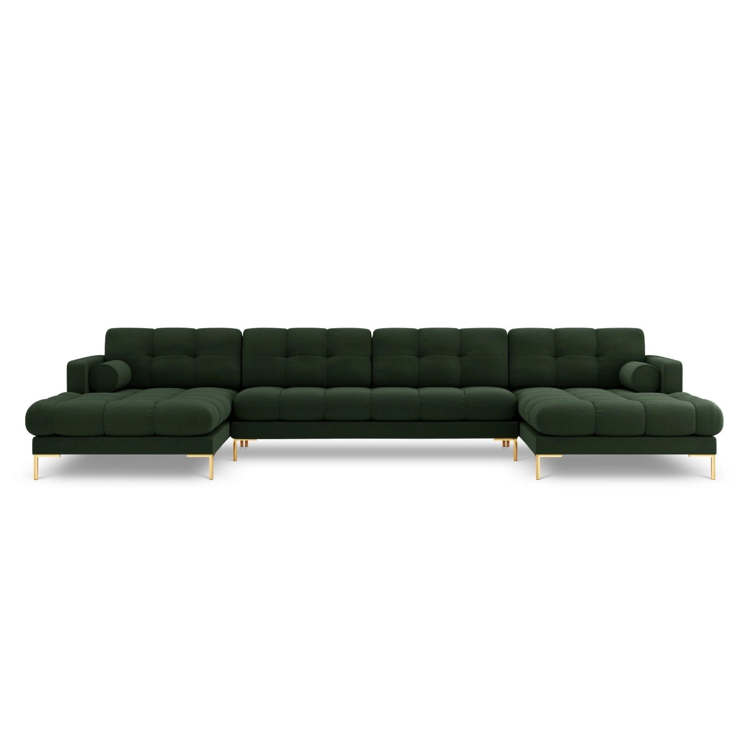 Bali 7-Sitzer Panorama Sofa aus Strukturierter Stoff in Dunkelgrün (Nea 78), Beine in Goldmetall, 383x185x75 cm von Cosmopolitan Design – Bild 1