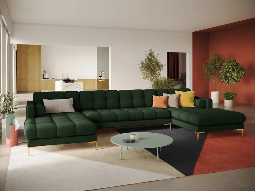 Bali 7-Sitzer Panorama Sofa aus Strukturierter Stoff in Dunkelgrün (Nea 78), Beine in Goldmetall, 383x185x75 cm von Cosmopolitan Design – Bild 2