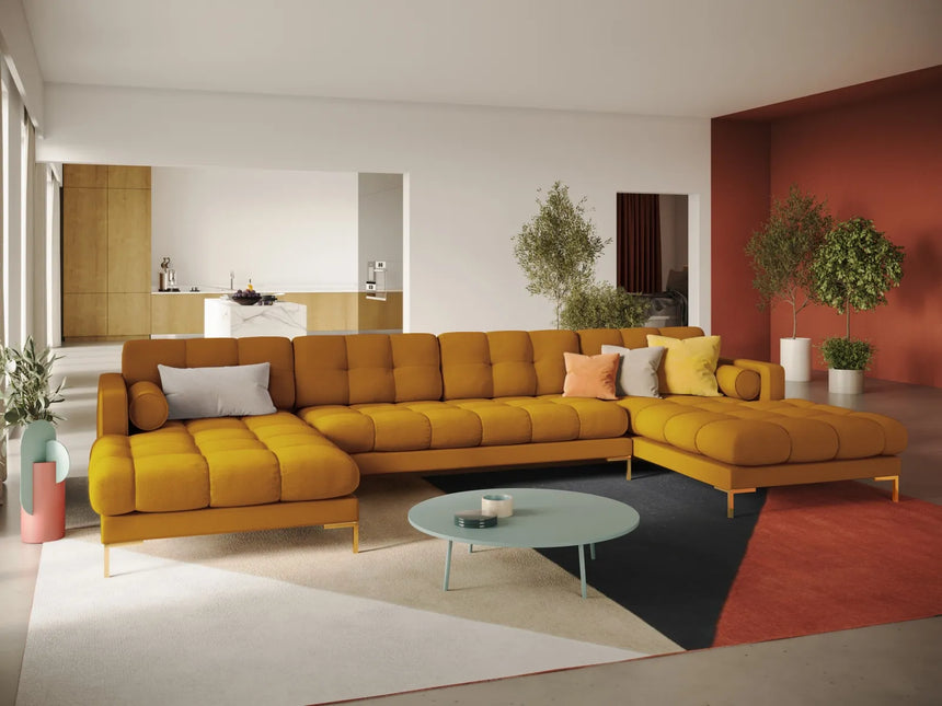 Bali 7-Sitzer Panorama Sofa aus Strukturierter Stoff in Gelb (Nea 66), Beine in Goldmetall, 383x185x75 cm von Cosmopolitan Design – Bild 2