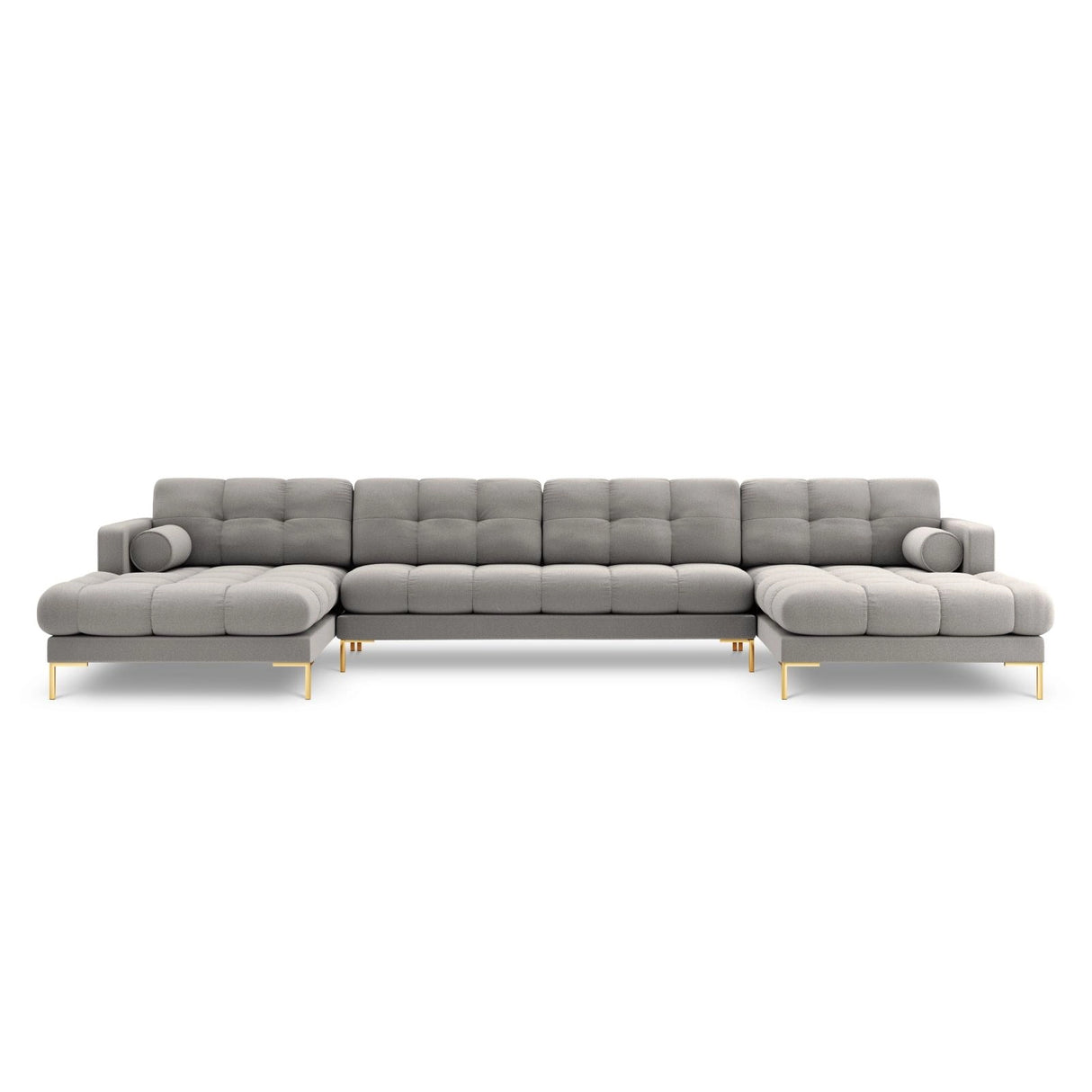 Bali 7-Sitzer Panorama Sofa aus Strukturierter Stoff in Hellgrau (Nea 07), Beine in Goldmetall, 383x185x75 cm von Cosmopolitan Design – Bild 1