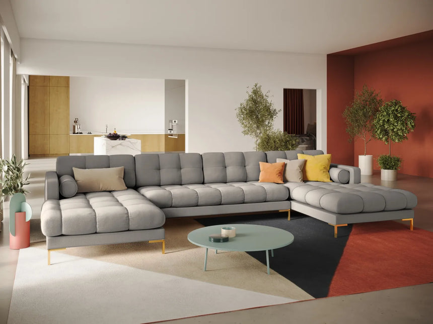 Bali 7-Sitzer Panorama Sofa aus Strukturierter Stoff in Hellgrau (Nea 07), Beine in Goldmetall, 383x185x75 cm von Cosmopolitan Design – Bild 2