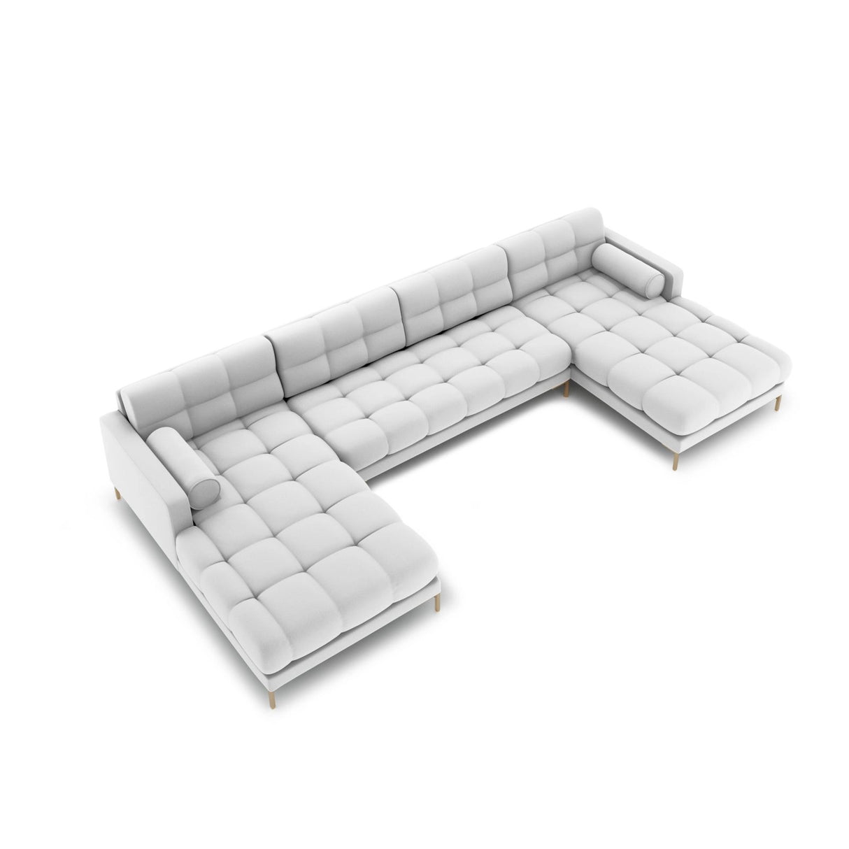 Bali 7-Sitzer Panorama Sofa aus Strukturierter Stoff in Hellgrau (Neve 80), Beine in Goldmetall, 383x185x75 cm von Cosmopolitan Design – Bild 1