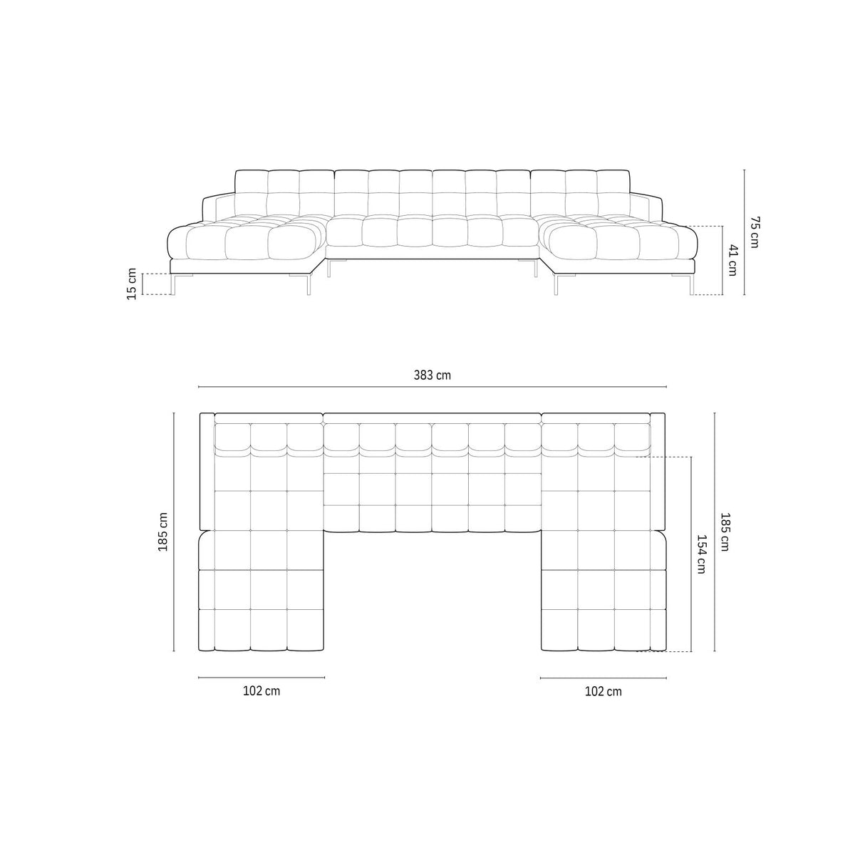 Bali 7-Sitzer Panorama Sofa aus Strukturierter Stoff in Schwarz (Nea 19), Beine in Goldmetall, 383x185x75 cm von Cosmopolitan Design – Bild 3