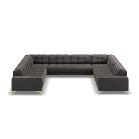 Bali 9-Sitzer Panorama Sofa aus Samt in Dunkelgrau (Bluvel 18), Beine in Goldmetall, 327x256x75 cm von Cosmopolitan Design – Bild 3